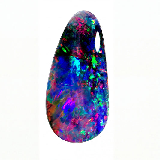 A teardrop-shaped cabochon opal gemstone displaying a vibrant play-of-colour with blue, green, orange, and purple hues, set against a solid black background.