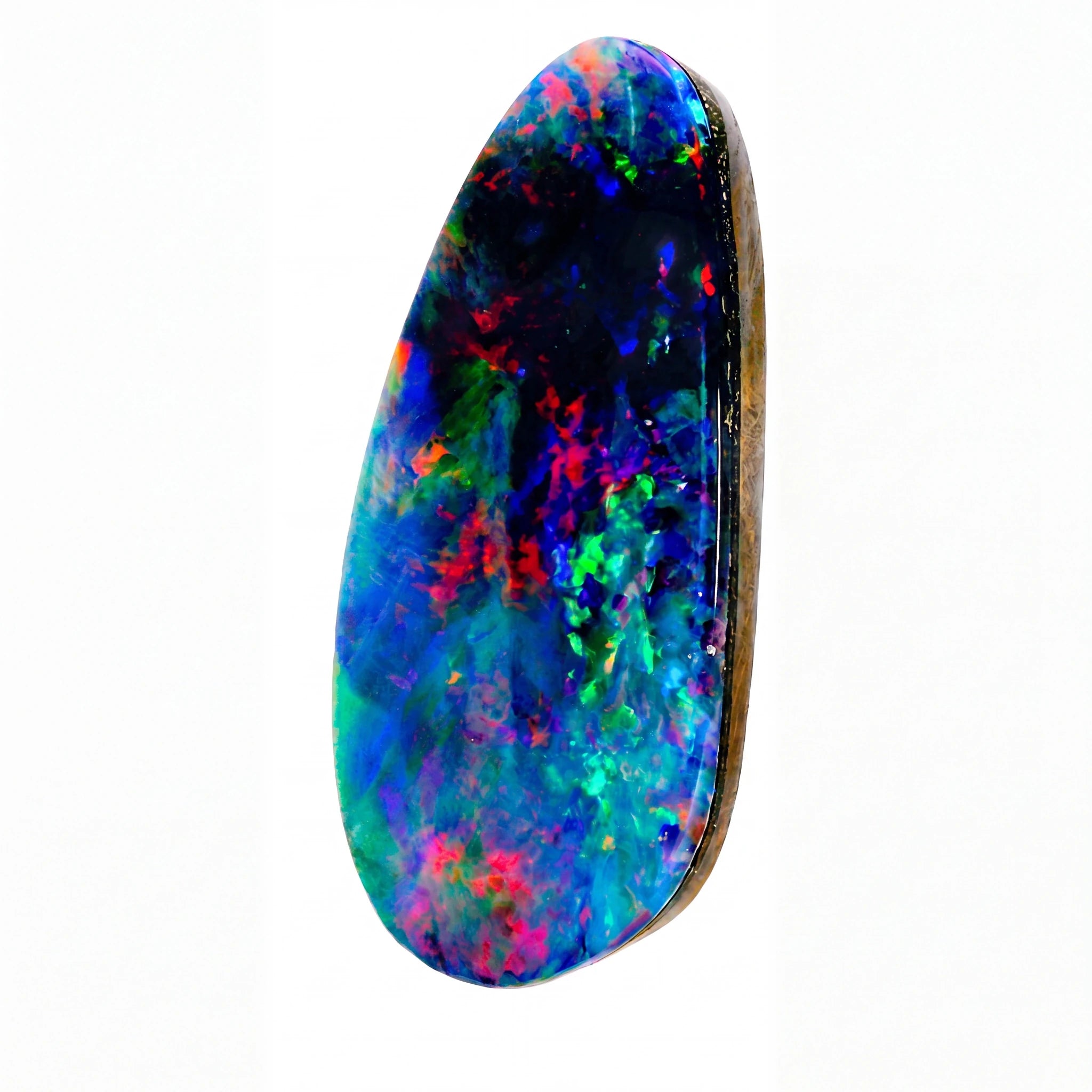 A polished teardrop-shaped natural opal gemstone displaying a vibrant play-of-colour with blue, green, pink, and red flashes against a dark background, set in a dark brown bezel on a white background.