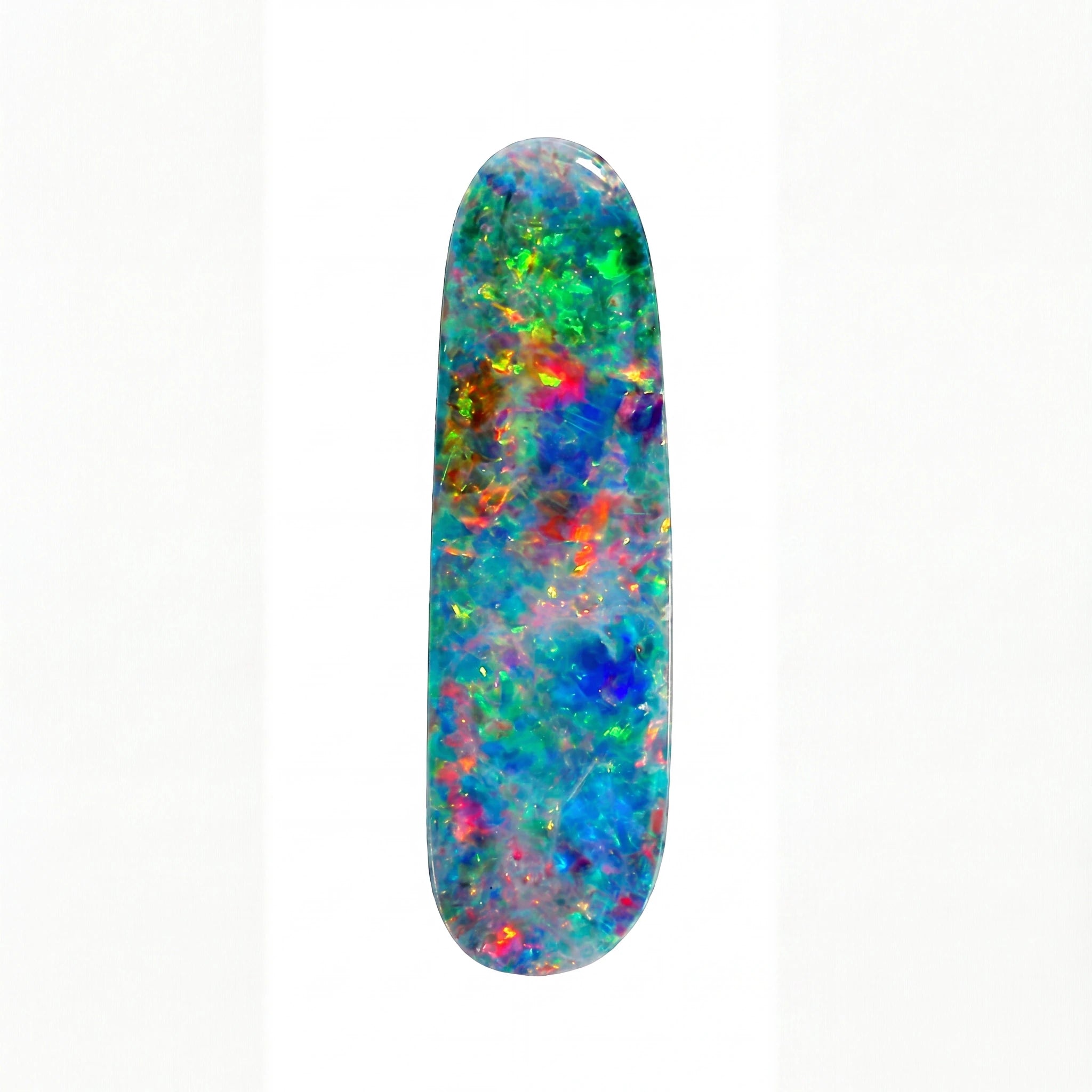 A polished oval opal gemstone with a vibrant play-of-colour pattern featuring blue, green, orange, pink, and purple, set against a plain white background.