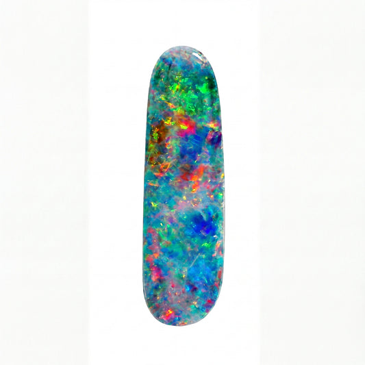 A polished oval opal gemstone with a vibrant play-of-colour pattern featuring blue, green, orange, pink, and purple, set against a plain white background.
