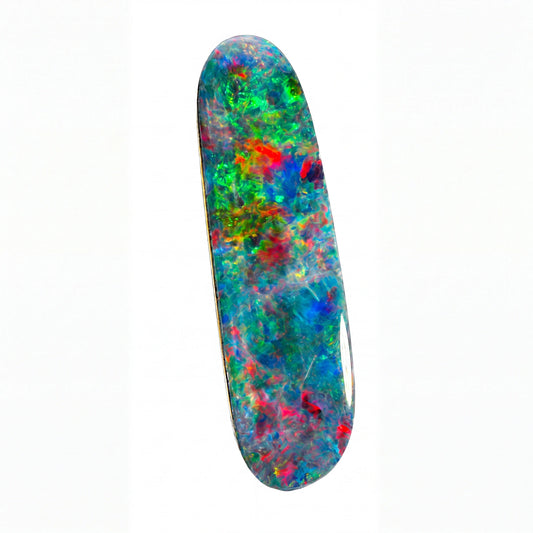 A polished oval-shaped opal gemstone with a vibrant, multicoloured play-of-color pattern featuring green, blue, red, and orange, set against a plain white background.