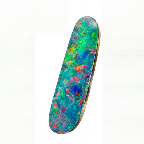 A single oval opal stone slab with a multicoloured play-of-colour pattern, featuring vivid blue, green, orange, and pink hues, shown on a plain white background.