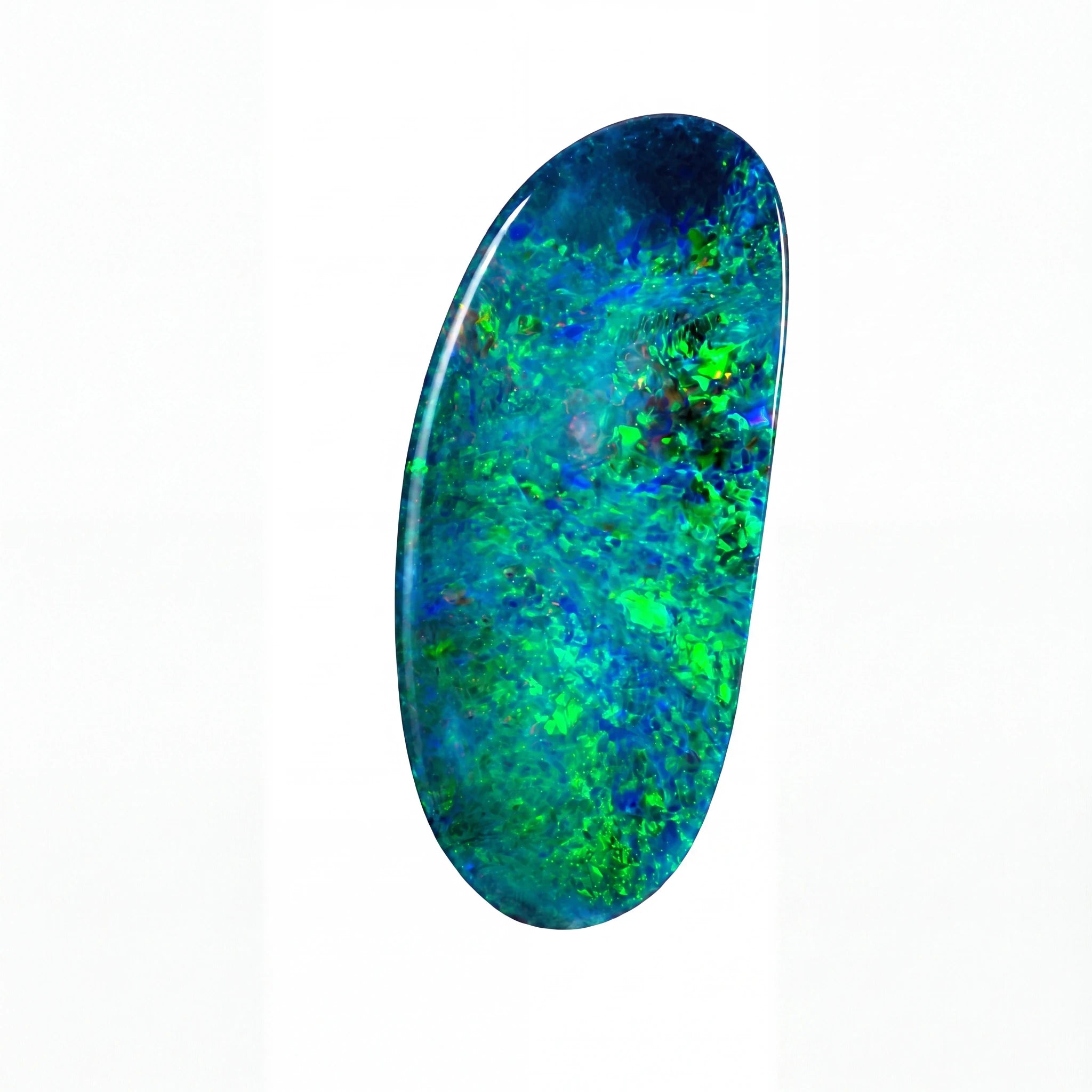 A polished oval cabochon gemstone featuring a vibrant play-of-colour pattern with bright green, blue, and teal hues, set against a plain white background.