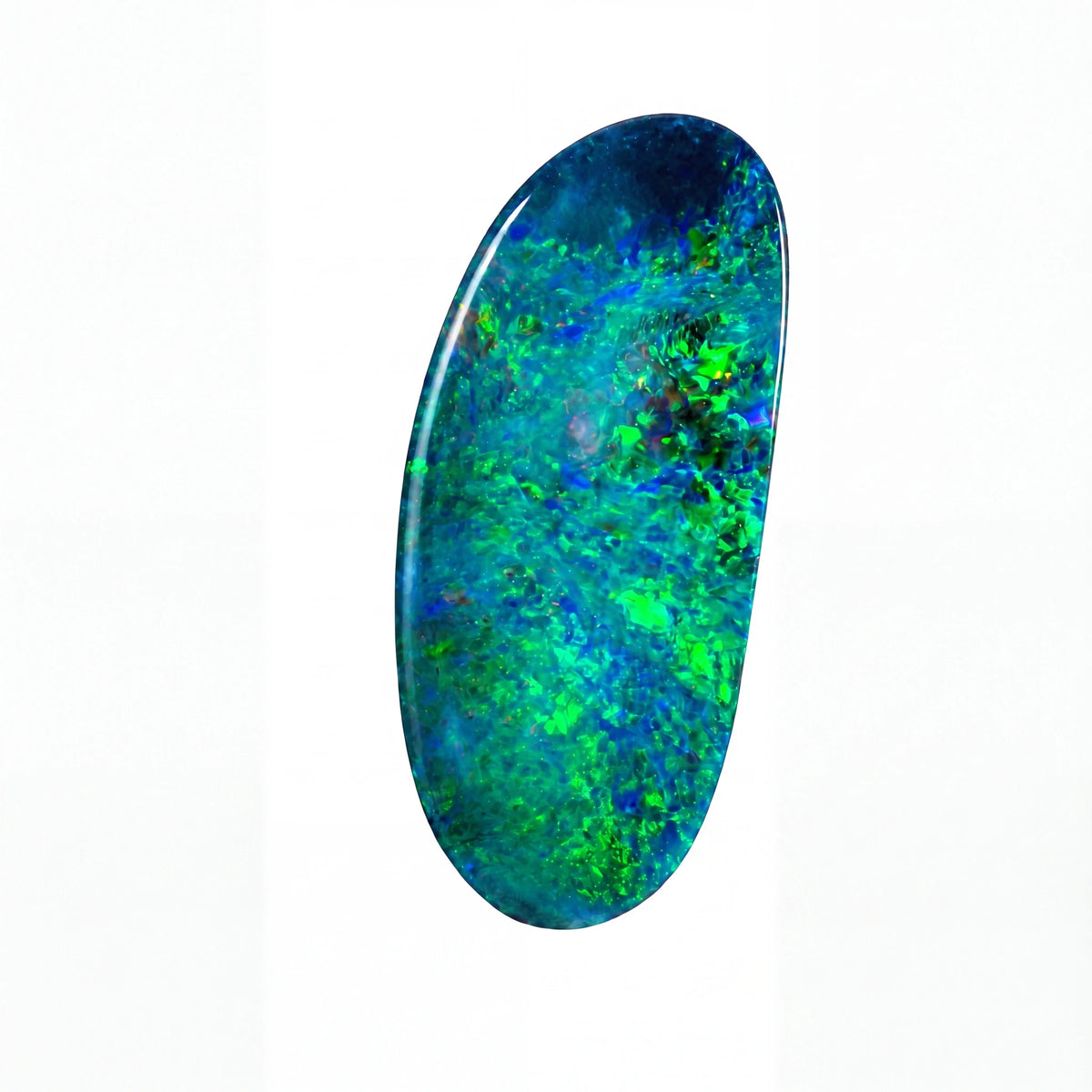 A polished oval cabochon gemstone featuring a vibrant play-of-colour pattern with bright green, blue, and teal hues, set against a plain white background.