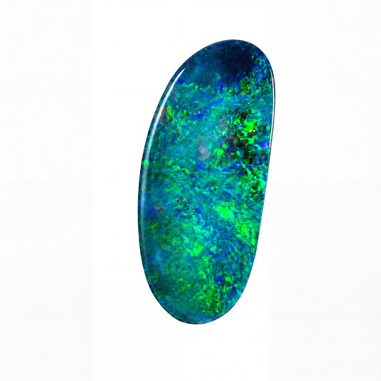 A polished oval cabochon gemstone featuring a vibrant play-of-colour pattern with bright green, blue, and teal hues, set against a plain white background.