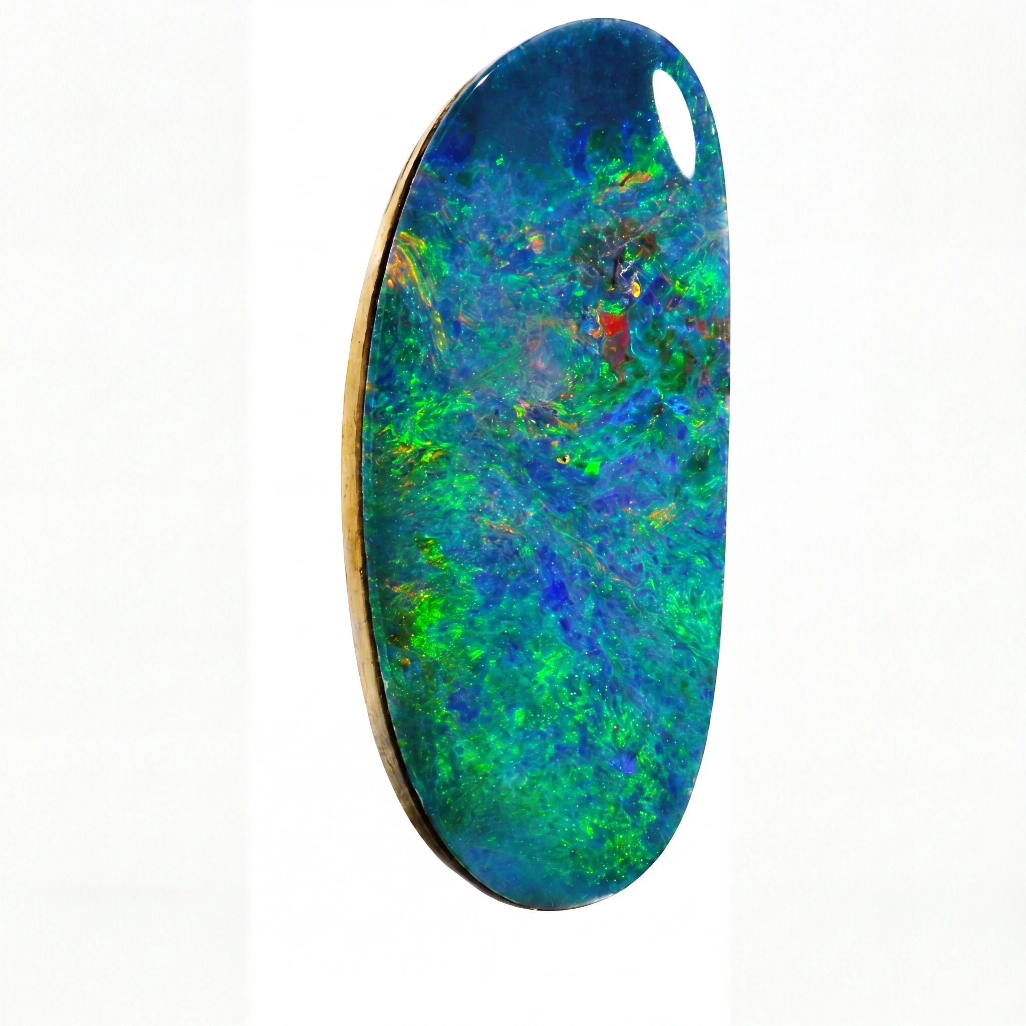 An oval-shaped opal gemstone pendant with vibrant blue, green, and orange iridescent colours, set in a gold-toned bezel on a white background.