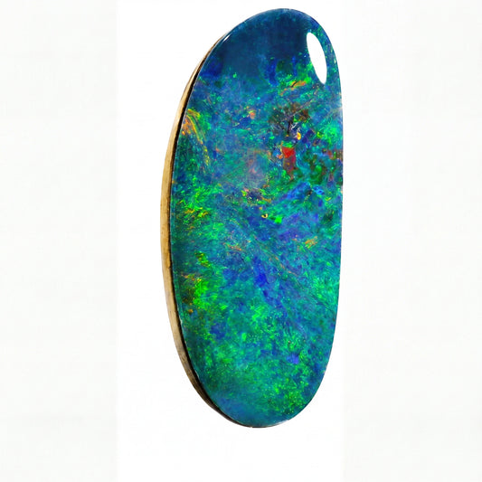 An oval-shaped opal gemstone pendant with vibrant blue, green, and orange iridescent colours, set in a gold-toned bezel on a white background.
