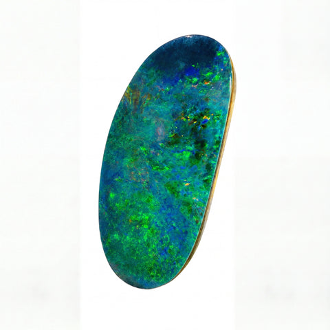 An oval-shaped natural opal gemstone with vibrant blue and green iridescent play-of-colour, mounted on a polished gold-toned bezel, set against a plain white background.