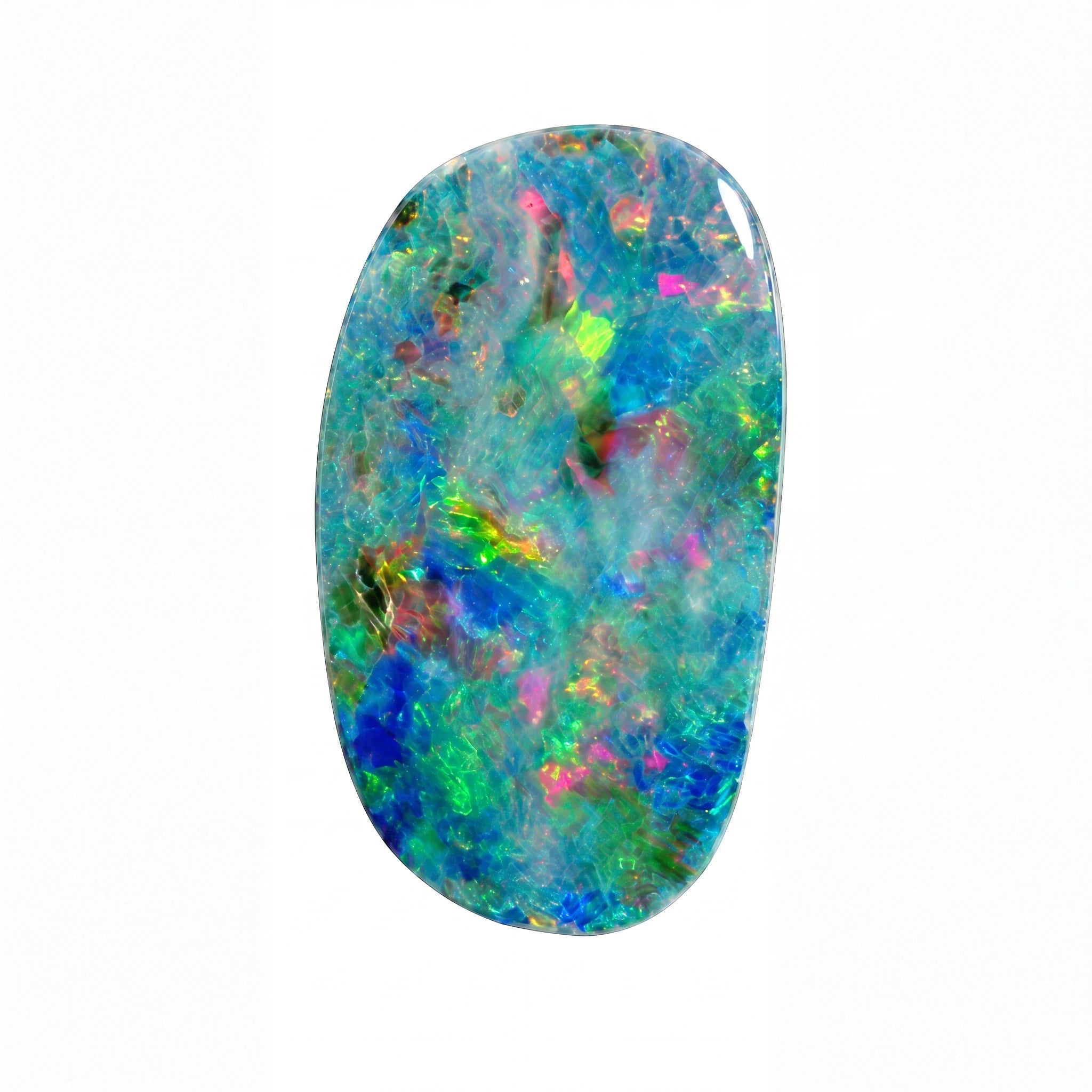 A polished oval cabochon opal gemstone displaying a vibrant play-of-colour with blue, green, pink, and yellow iridescence on a white background.