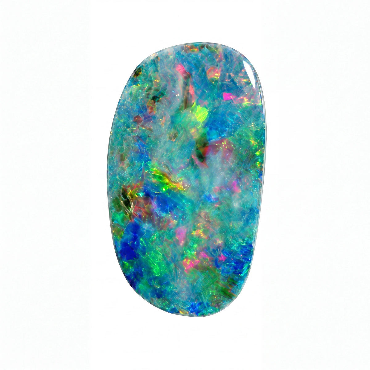 A polished oval cabochon opal gemstone displaying a vibrant play-of-colour with blue, green, pink, and yellow iridescence on a white background.