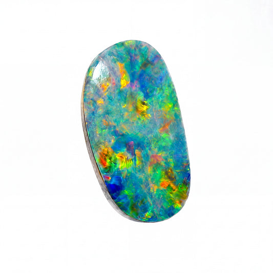 A polished oval opal gemstone with vibrant iridescent colours including blue, green, yellow, orange, and purple, set against a plain white background.