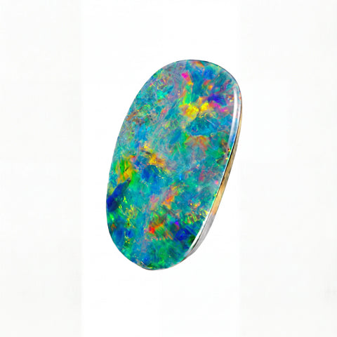 A polished oval-cut opal gemstone with a silver bezel setting, displayed on a clean white background.