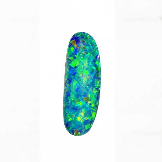 A polished oval cabochon opal gemstone displaying a vibrant play-of-colour with blue, green, and hints of yellow and orange on a plain white background.