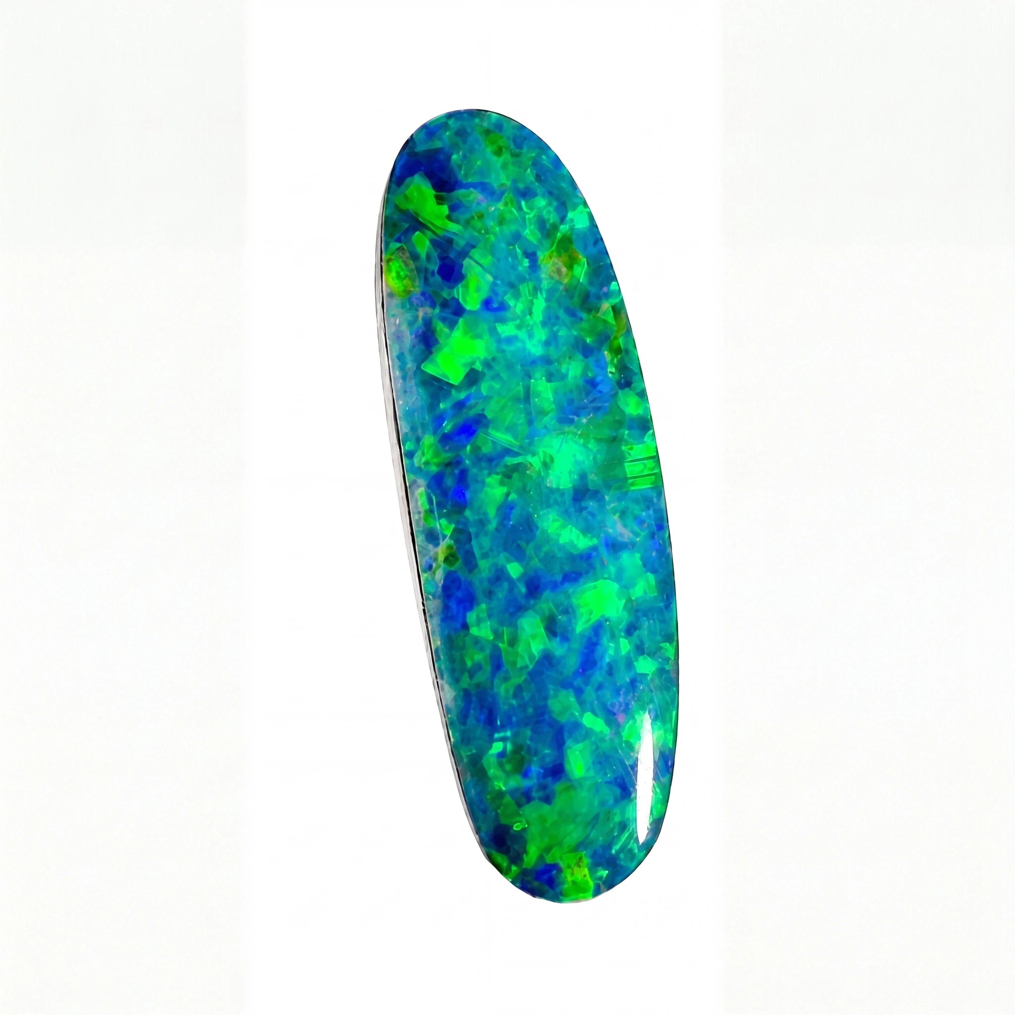 A polished oval cabochon gemstone showing a vibrant play-of-colour with bright blue and green opalescent patterns, set against a plain white background.