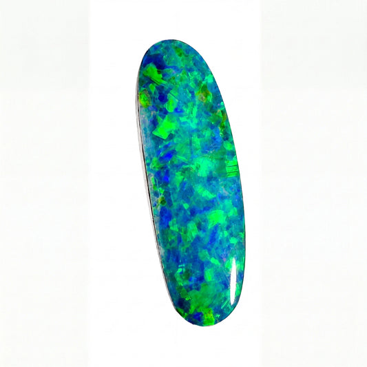 A polished oval cabochon gemstone showing a vibrant play-of-colour with bright blue and green opalescent patterns, set against a plain white background.