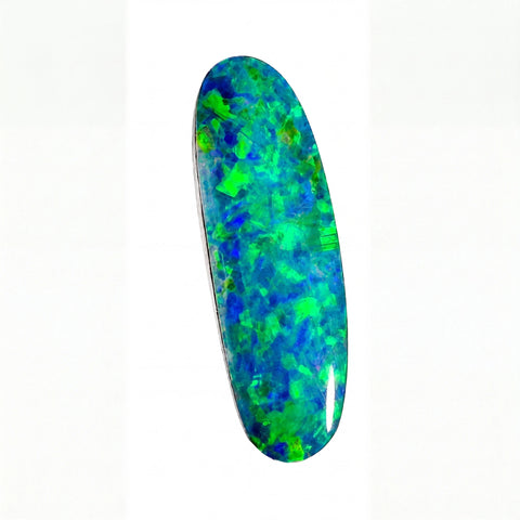 A polished oval cabochon gemstone showing a vibrant play-of-colour with bright blue and green opalescent patterns, set against a plain white background.