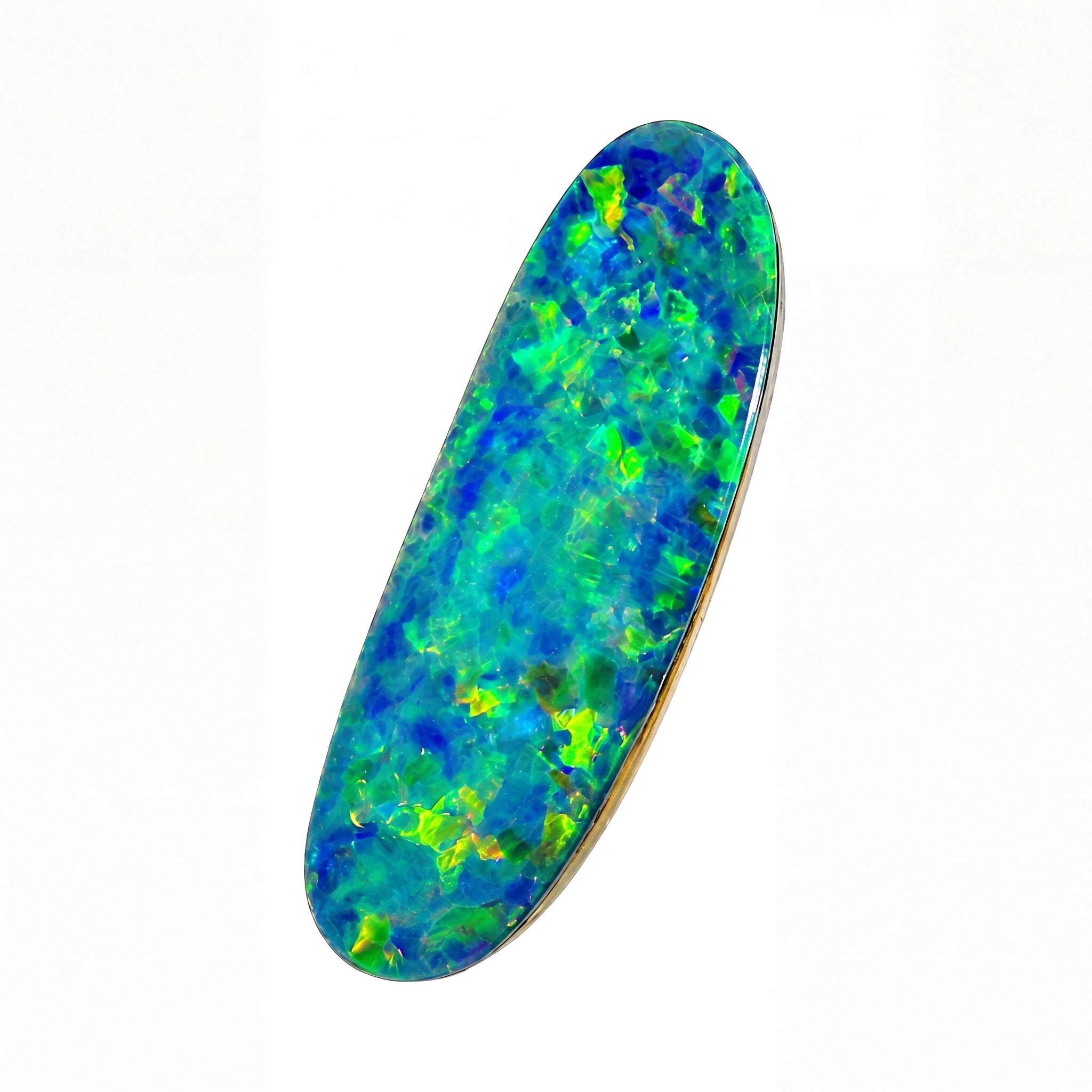 A polished oval cabochon gemstone featuring vibrant blue, green, and yellow opal play-of-colour, set in a gold bezel on a plain white background.