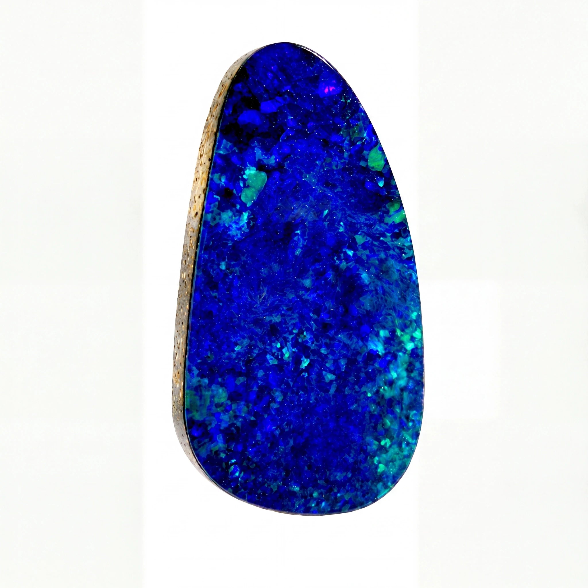 A teardrop-shaped blue opal gemstone with vibrant blue and green flashes, isolated on a solid white background.