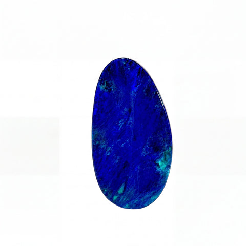 A polished, teardrop-shaped opal with vibrant blue opal with natural marbled patterns, shown on a plain white background.