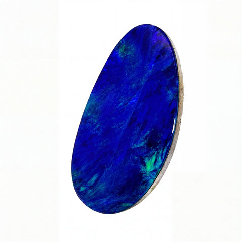 A polished oval blue opal stone with vibrant blue and green iridescent play-of-colour, set in a silver-toned bezel, shown on a plain white background.