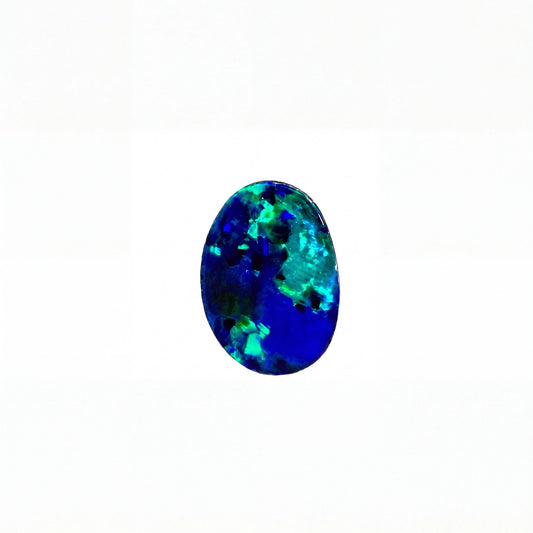 A single oval-cut blue opal gemstone with vibrant green and teal flashes, centred on a plain white background.