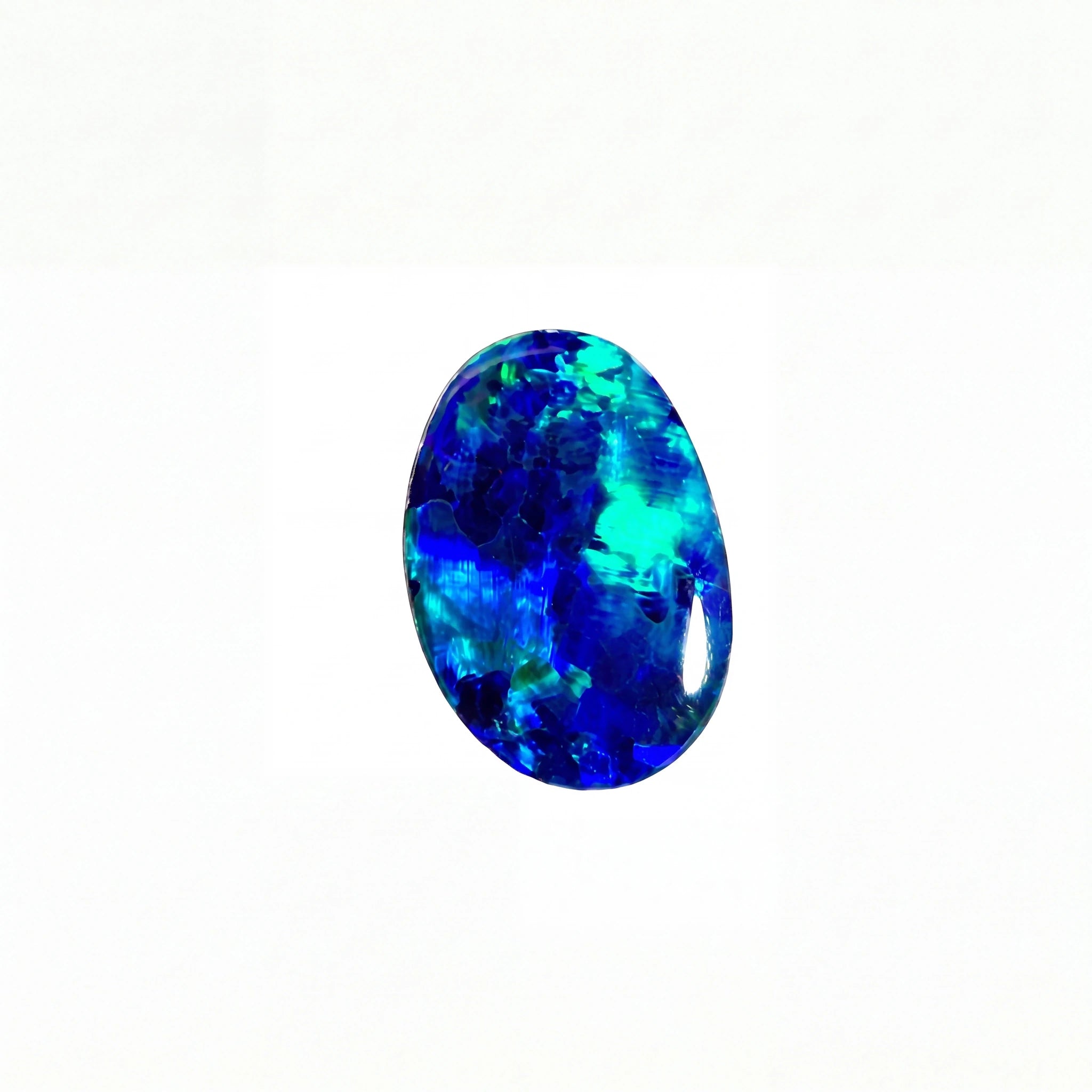 A polished oval-cut blue opal gemstone with vibrant blue, teal, and deep navy flashes, set against a plain white background.
