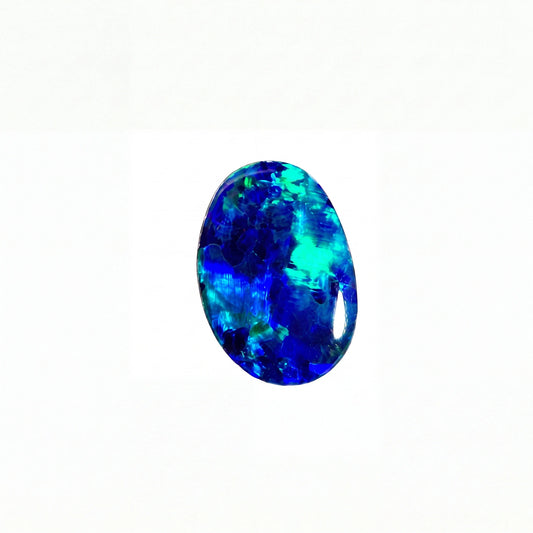 A polished oval-cut blue opal gemstone with vibrant blue, teal, and deep navy flashes, set against a plain white background.