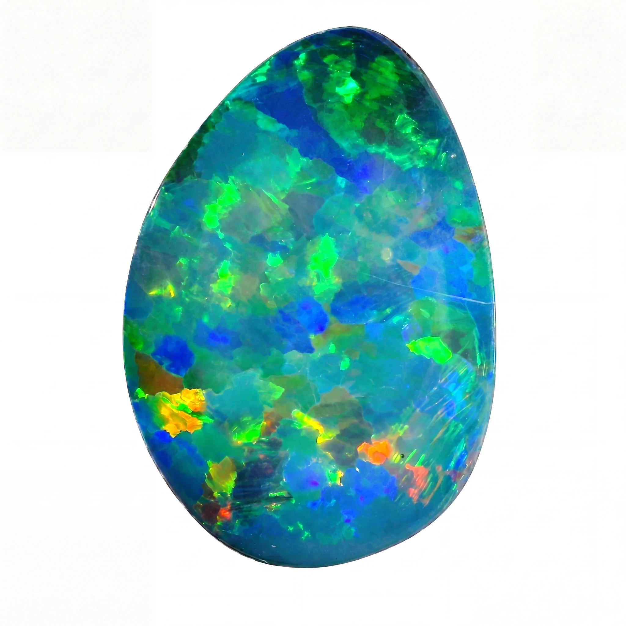 A polished teardrop-shaped opal gemstone displaying vibrant iridescent colours including green, blue, purple, and orange against a solid black background.
