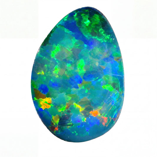 A polished teardrop-shaped opal gemstone displaying vibrant iridescent colours including green, blue, purple, and orange against a solid black background.