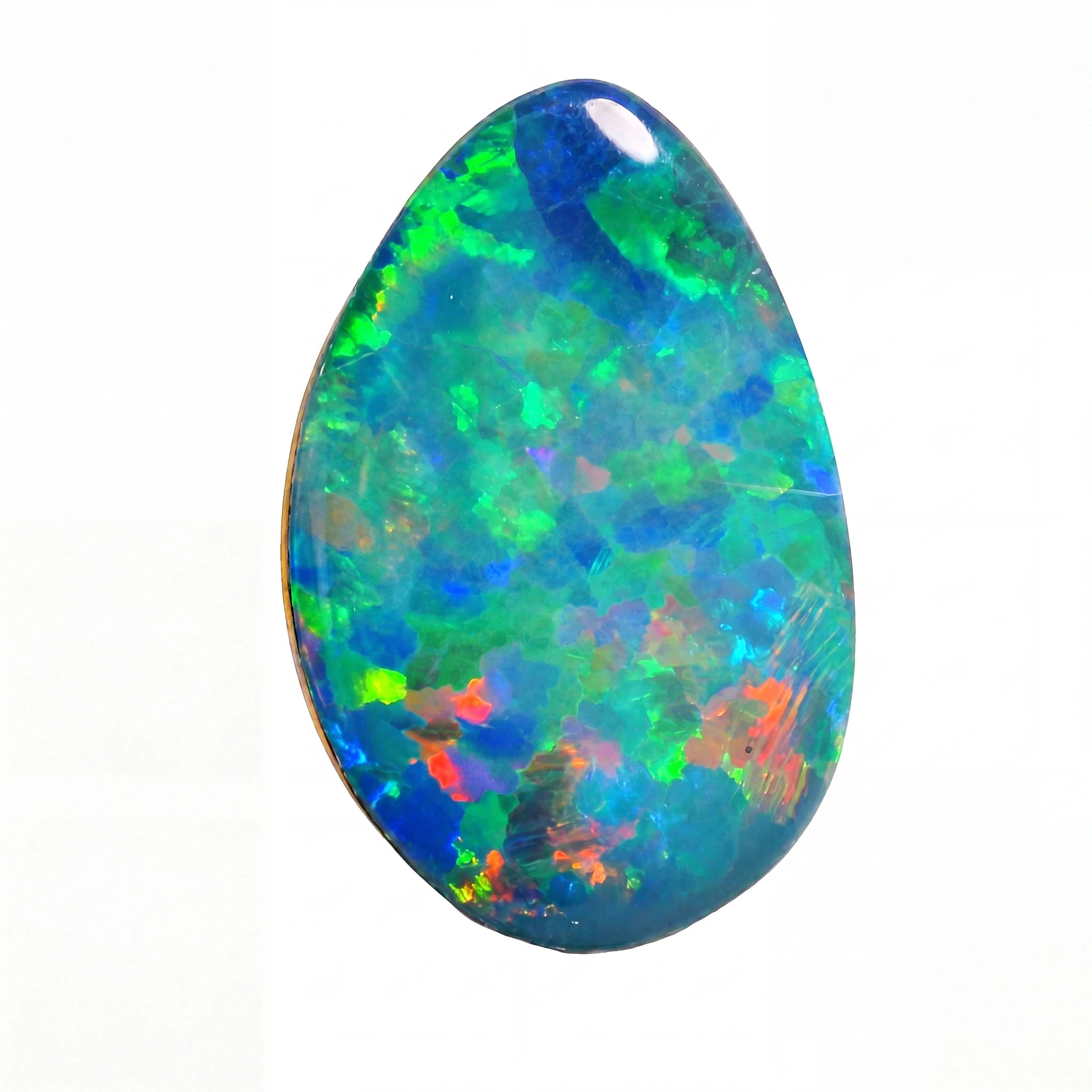 A polished teardrop-shaped cabochon opal gemstone displaying vibrant iridescent colours including blue, green, orange, and red on a plain white background.