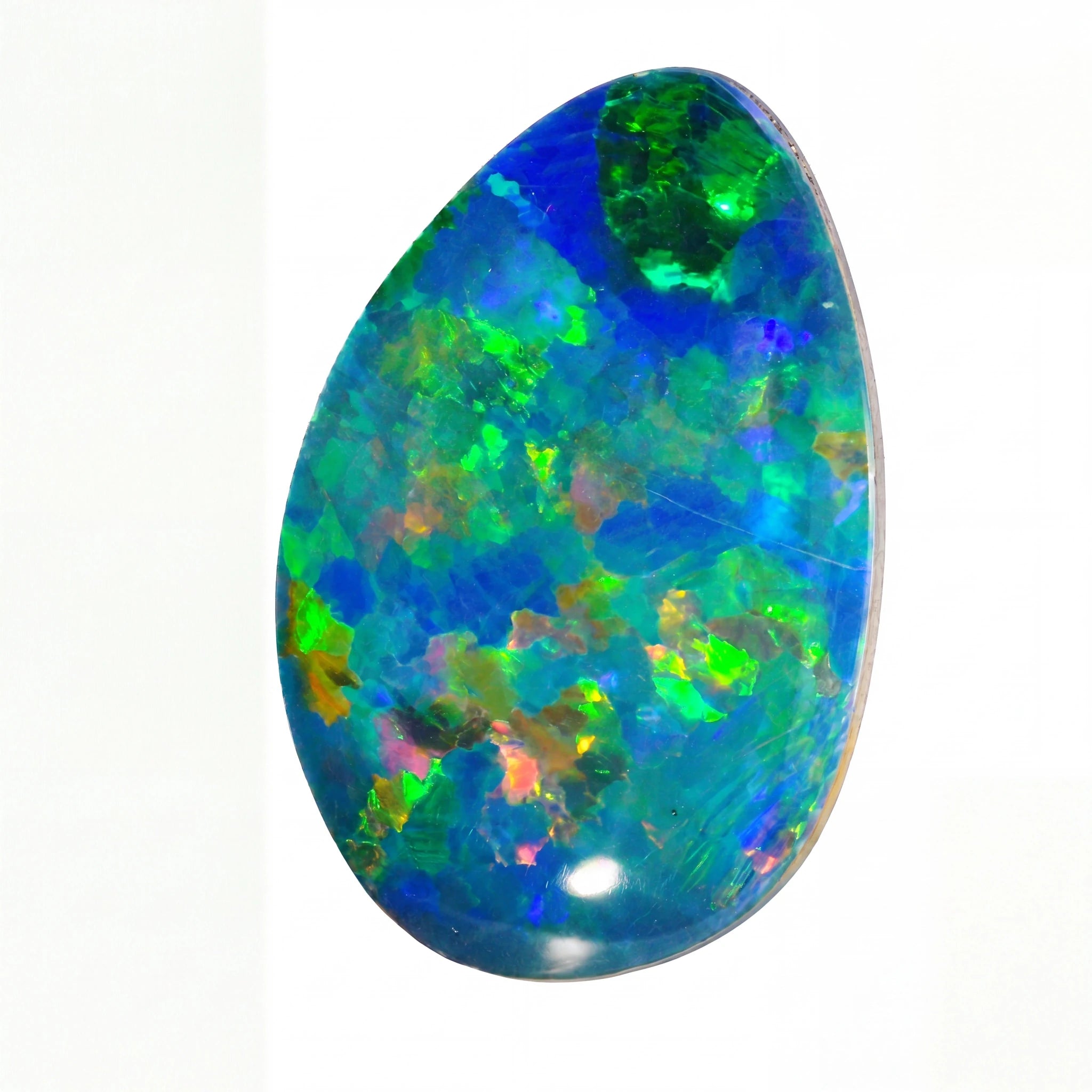 A teardrop-shaped cabochon opal gemstone displaying vibrant blue, green, and orange play-of-colour on a clean white background.