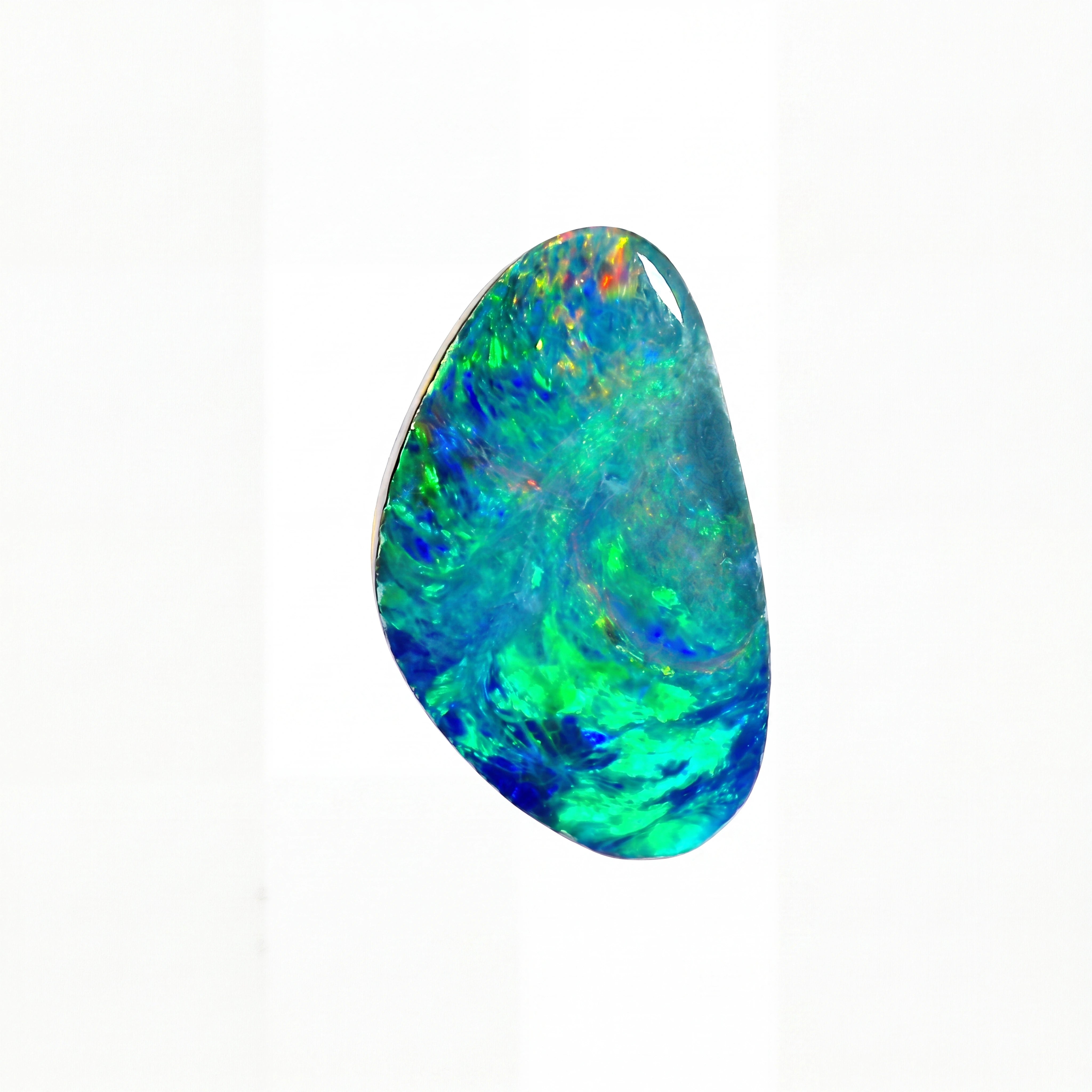 A polished teardrop-shaped opal gemstone displaying vibrant blue, green, and orange iridescent play-of-colour, set against a plain white background.