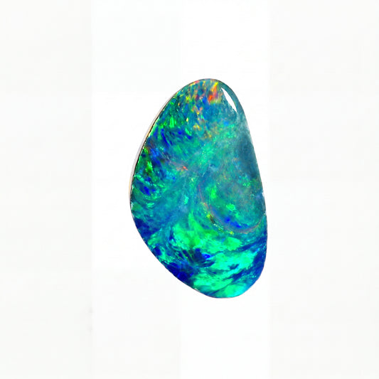 A polished teardrop-shaped opal gemstone displaying vibrant blue, green, and orange iridescent play-of-colour, set against a plain white background.