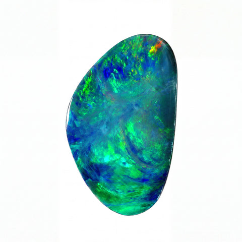 A polished, irregularly shaped opal gemstone displaying vibrant swirling patterns of blue, green, and hints of orange, set against a plain white background.