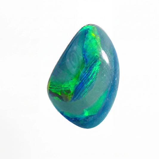 A polished cabochon opal gemstone displaying vibrant iridescent colors including blue, green, yellow, and orange, set against a solid black background.