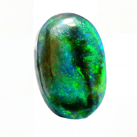 A polished oval cabochon gemstone featuring vibrant green, blue, and black iridescent play-of-colour, displayed on a clean white background.