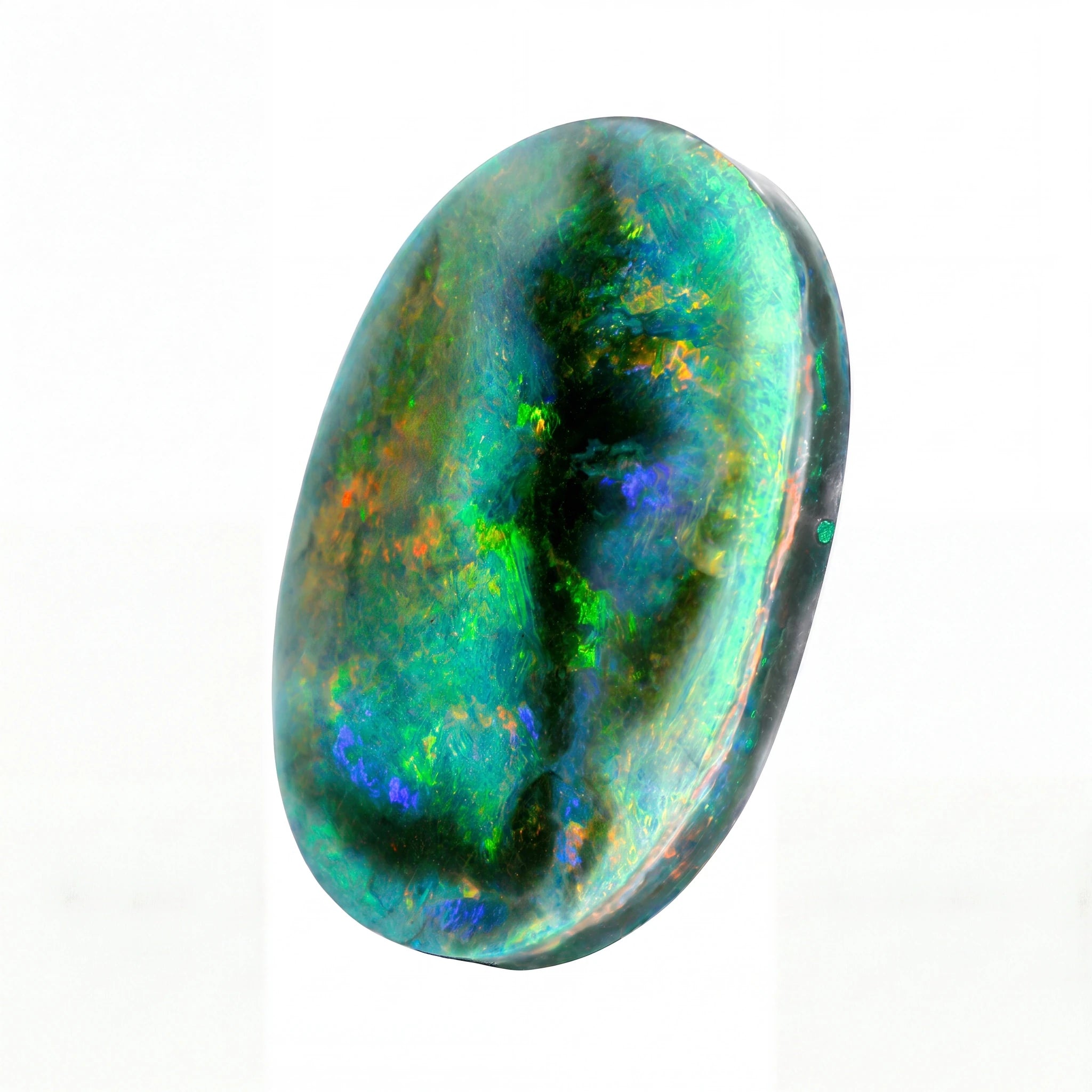 A polished oval cabochon opal gemstone displaying vibrant iridescent flashes of green, blue, orange, and purple against a clean white background.