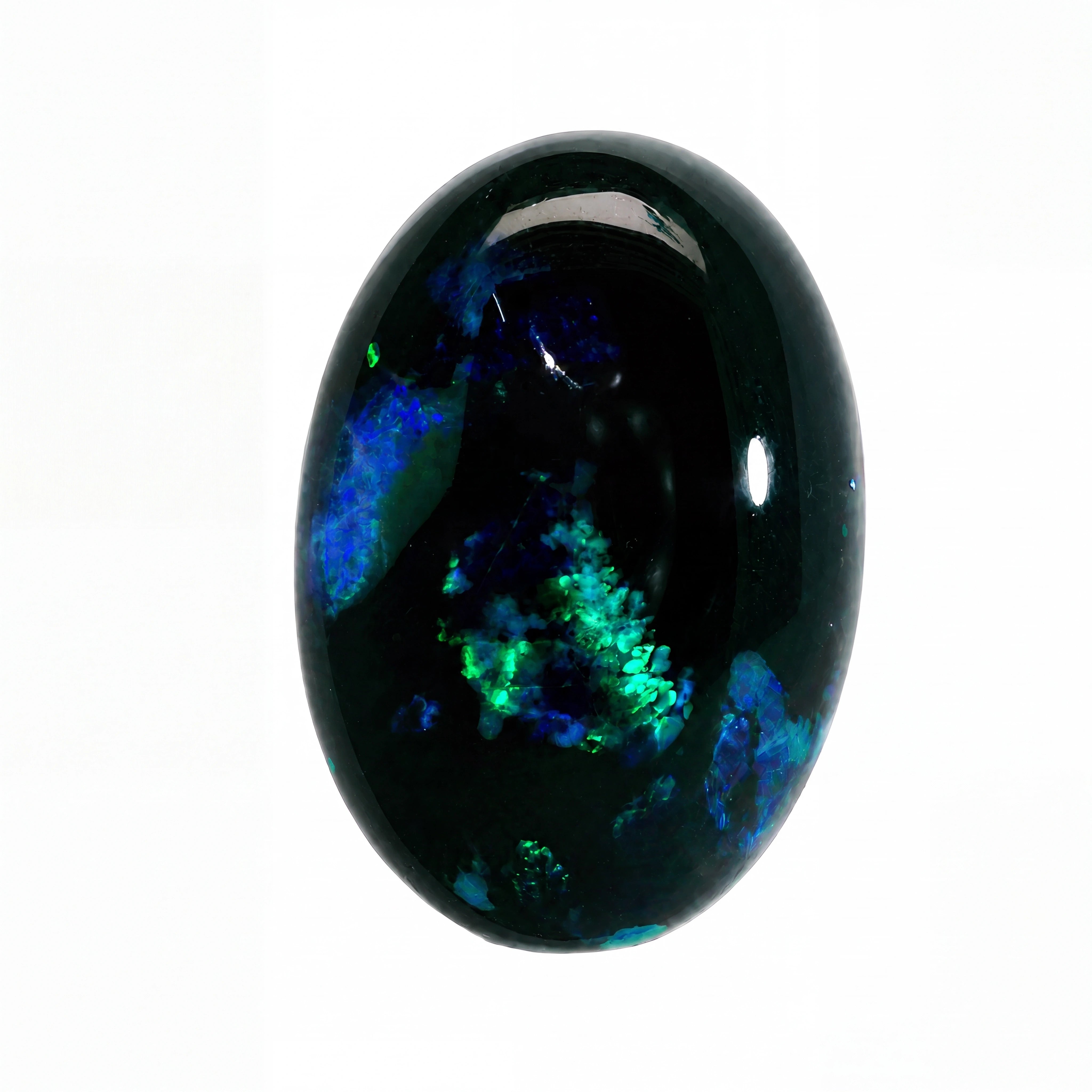 A polished oval opal gemstone featuring a deep black base with vibrant flashes of blue and green iridescence, set against a plain white background.