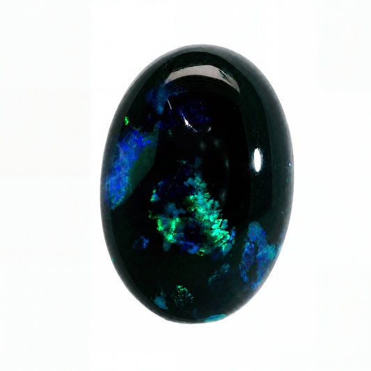 A polished oval opal gemstone featuring a deep black base with vibrant flashes of blue and green iridescence, set against a plain white background.