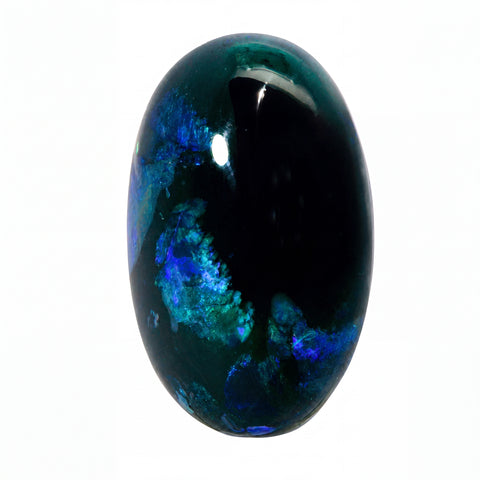 A polished oval opal gemstone featuring a deep black body with vibrant blue, teal, and green iridescent patterns, set against a plain white background.
