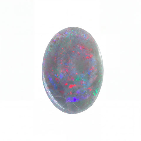 A polished oval cabochon opal gemstone displaying a play-of-colour pattern with red, blue, green, and purple flashes on a grey base, set against a plain white background.