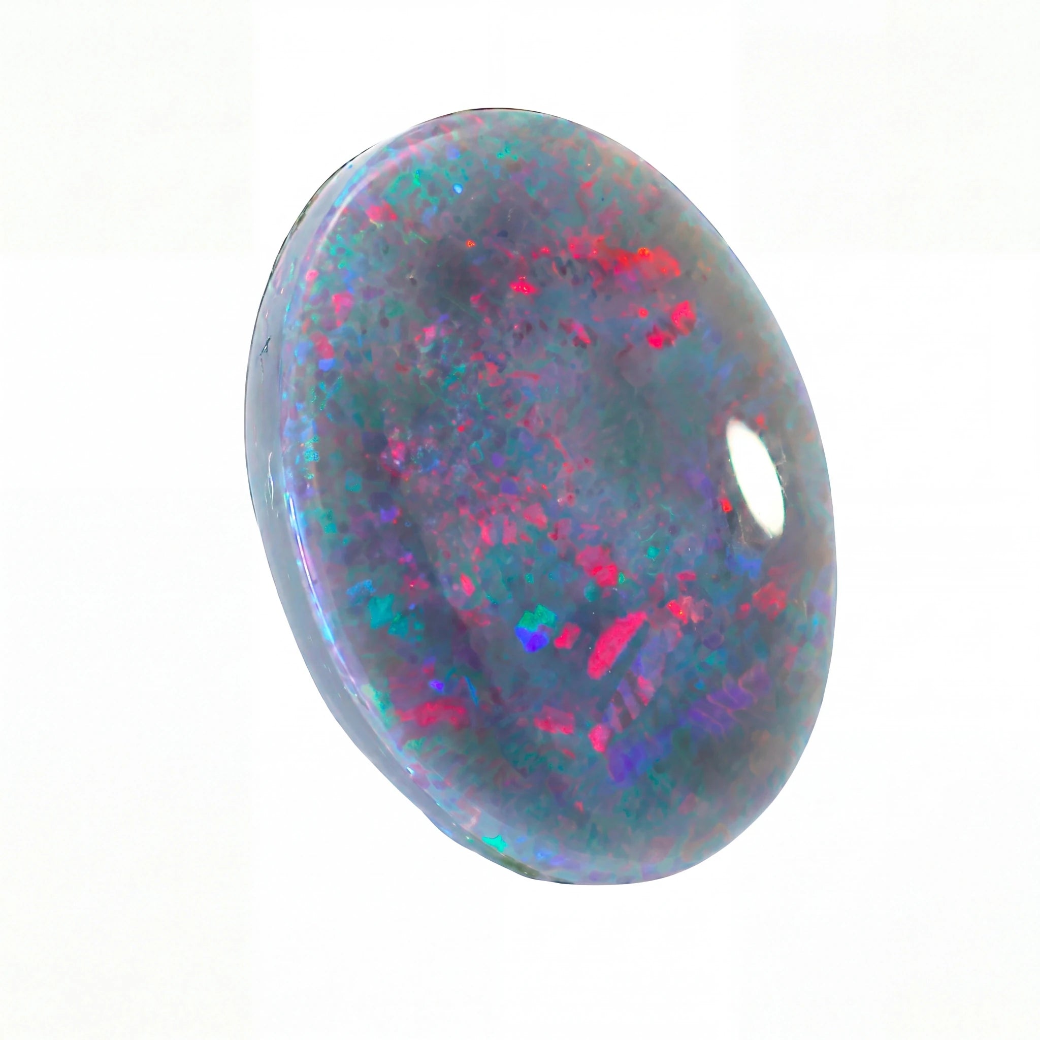 A polished oval cabochon opal gemstone displaying a play-of-colour pattern with blue, pink, purple, and green flashes on a white background.