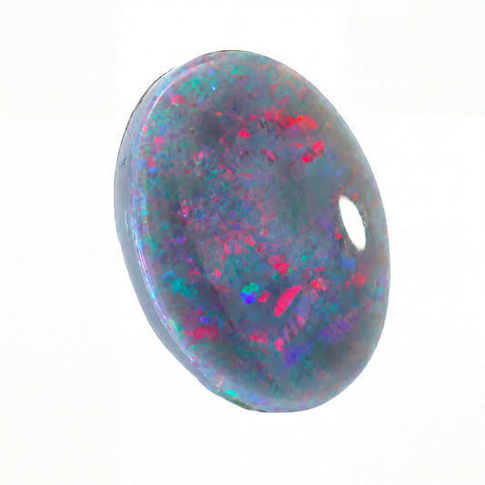 A polished oval cabochon opal gemstone displaying a play-of-colour pattern with blue, pink, purple, and green flashes on a white background.