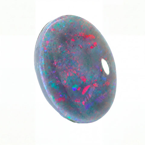 A polished oval cabochon opal gemstone displaying a play-of-colour pattern with blue, pink, purple, and green flashes on a white background.