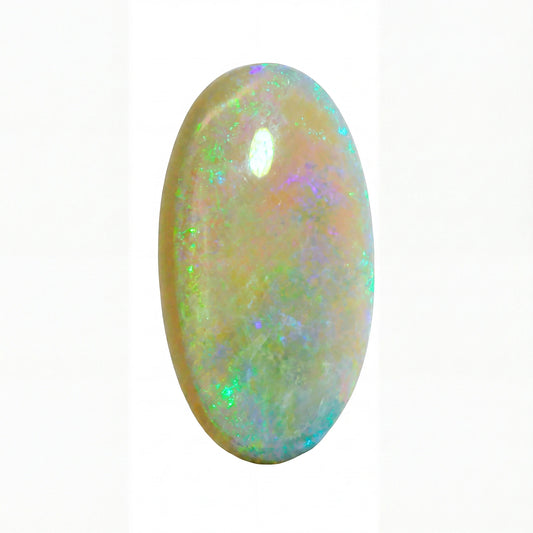 An oval cabochon gemstone showing a play-of-colour opal pattern with iridescent flashes of green, blue, purple, and yellow over a warm cream base, set against a plain white background.