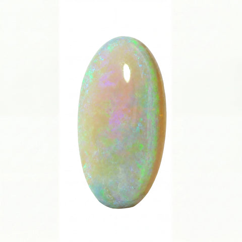 A polished oval cabochon opal gemstone displaying a soft iridescent play-of-colour with pale peach, lavender, green, and blue hues on a white background.