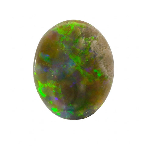 A polished oval cabochon opal gemstone displaying vibrant green, blue, and purple flashes over a brown and grey base, set against a plain white background.