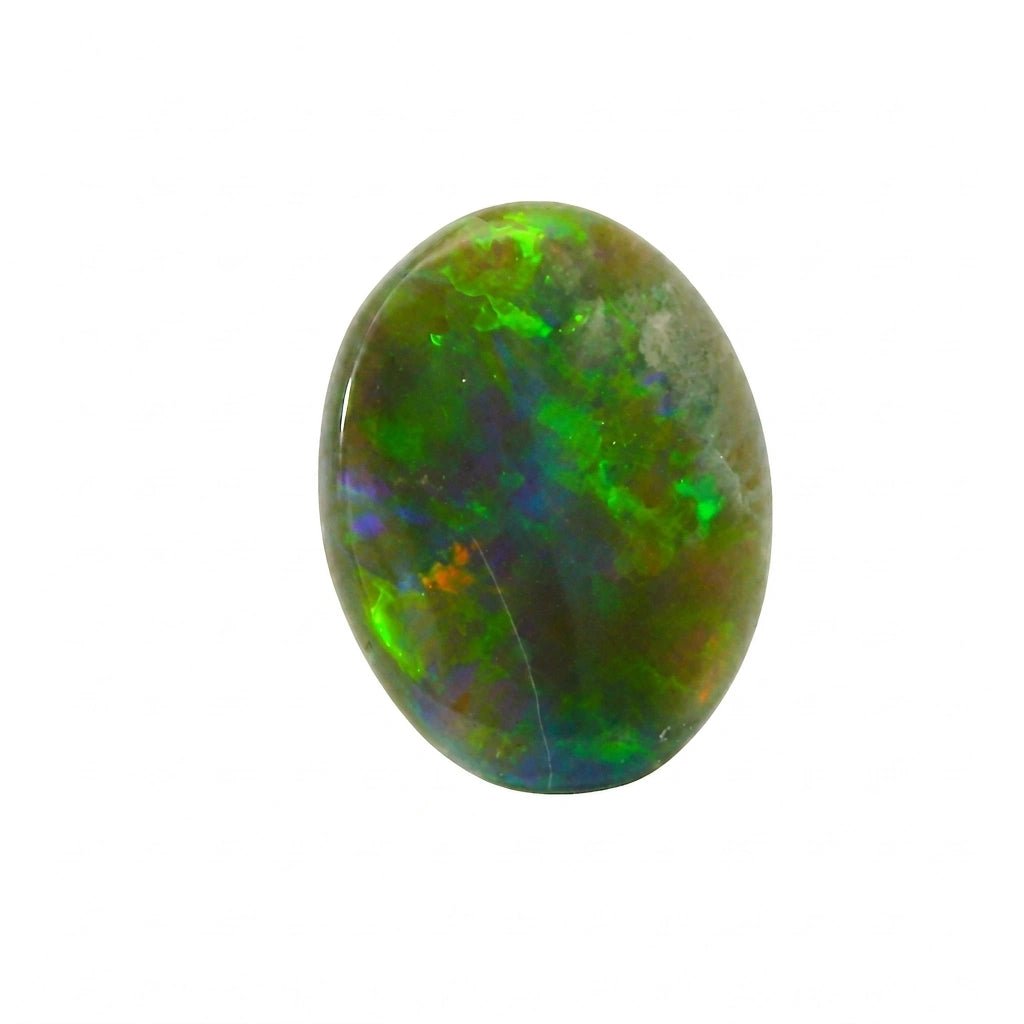A polished oval cabochon gemstone showing vibrant green, blue, and orange iridescent play-of-colour on a solid white background.