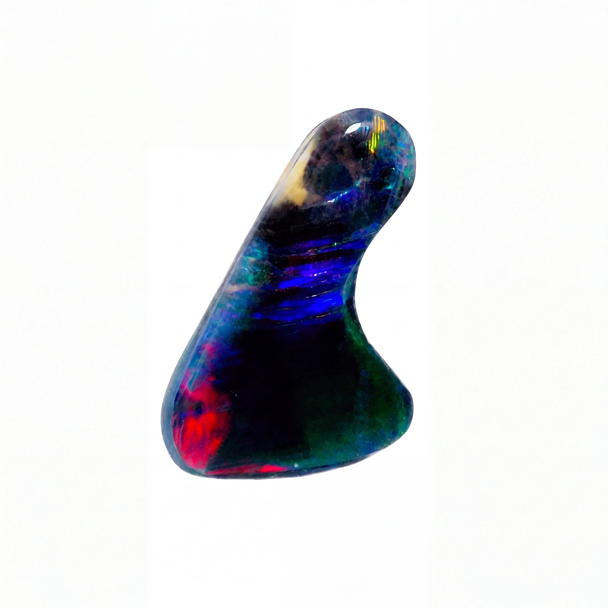 A polished iridescent opal stone with swirling colours of blue, green, red, and purple on a plain white background.