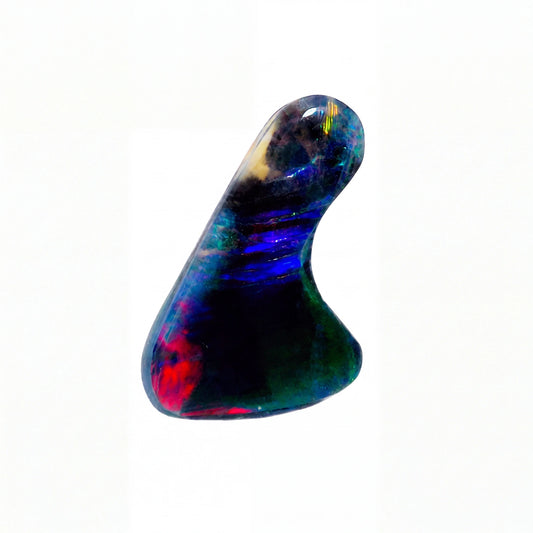 A polished iridescent opal stone with swirling colours of blue, green, red, and purple on a plain white background.